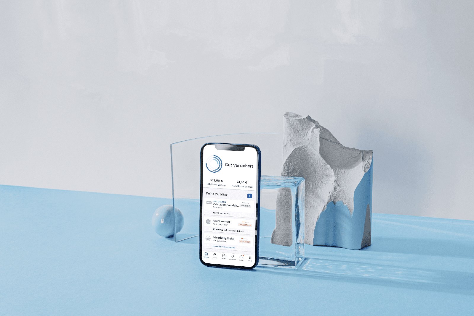 CLARK product photography — the app on a phone staged on a blue plinth with a sculptural still-life